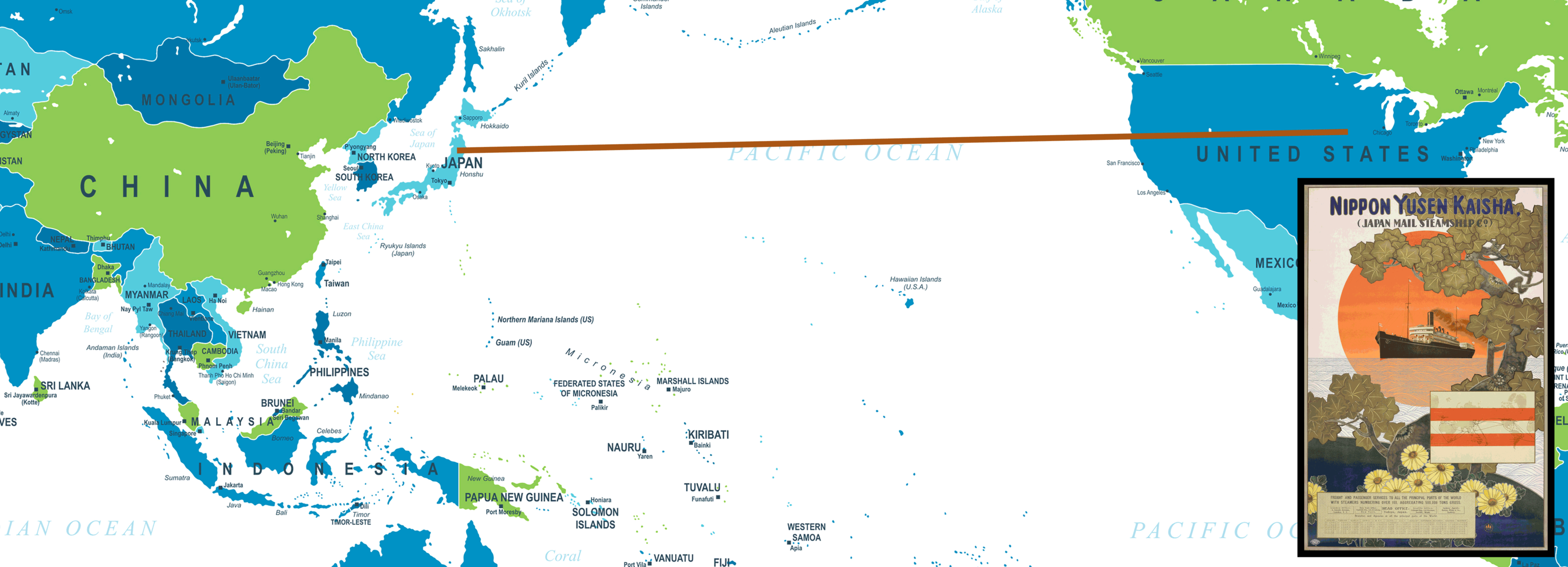 Map of distance between Sendai, Japan to Iowa City