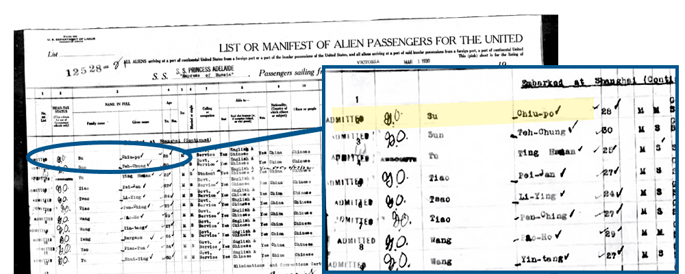 Photocopy of the ship manifest that lists student, Chiu Po Su