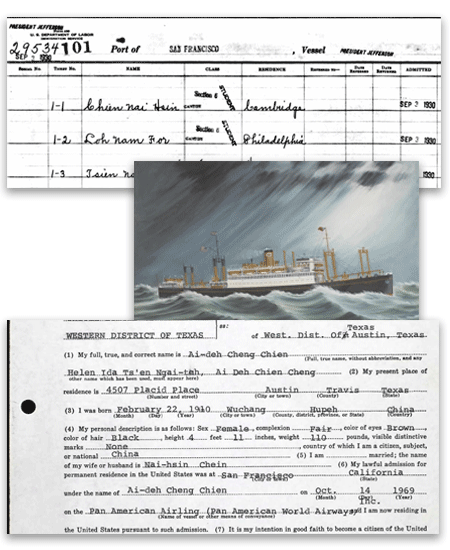 Collage with a ship manifest, a steam liner postcard, and immigration paperwork