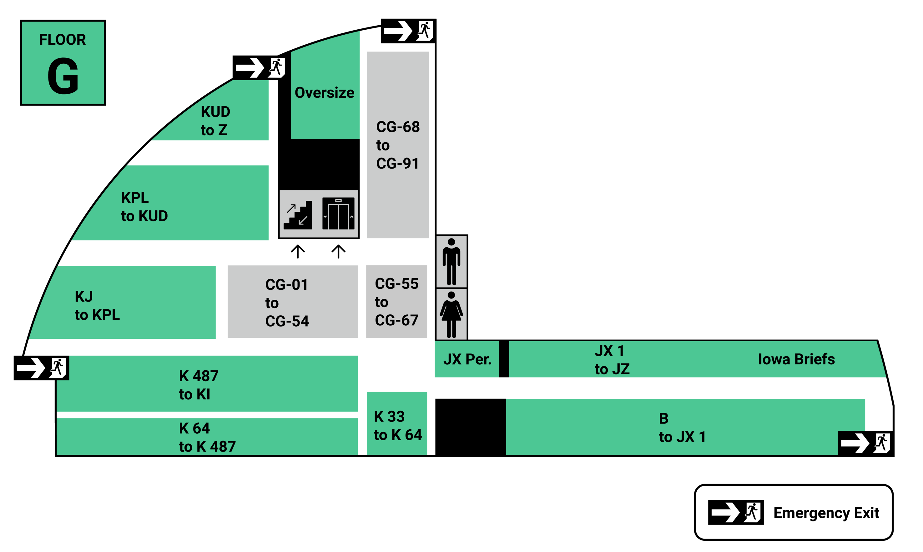 A map of the ground floor of the Law Library, where users can access the Foreign, Comparative, and International Law Collection, a collection of Iowa Records and Briefs, and interdisciplinary materials