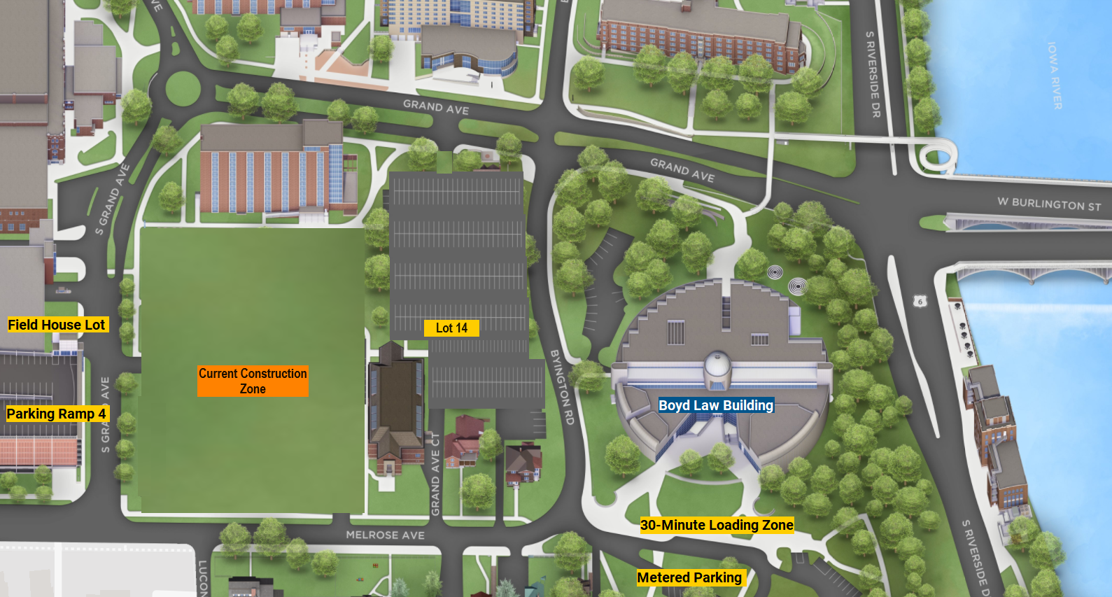 Map of area surrounding Boyd Law Building with several parking options labeled, including a 30-minute loading zone and metered parking in front of Boyd Law Building; Lot 14; Parking Ramp 4; and the Field House Lot.