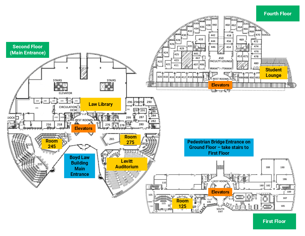Map of Boyd Law Building showing the First, Second, and Third Floors of the building, highlighting Ground and Main Floor entrances, elevators, Rooms 245, 275, and 125, the Law Library, Levitt Auditorium, and the Student Lounge