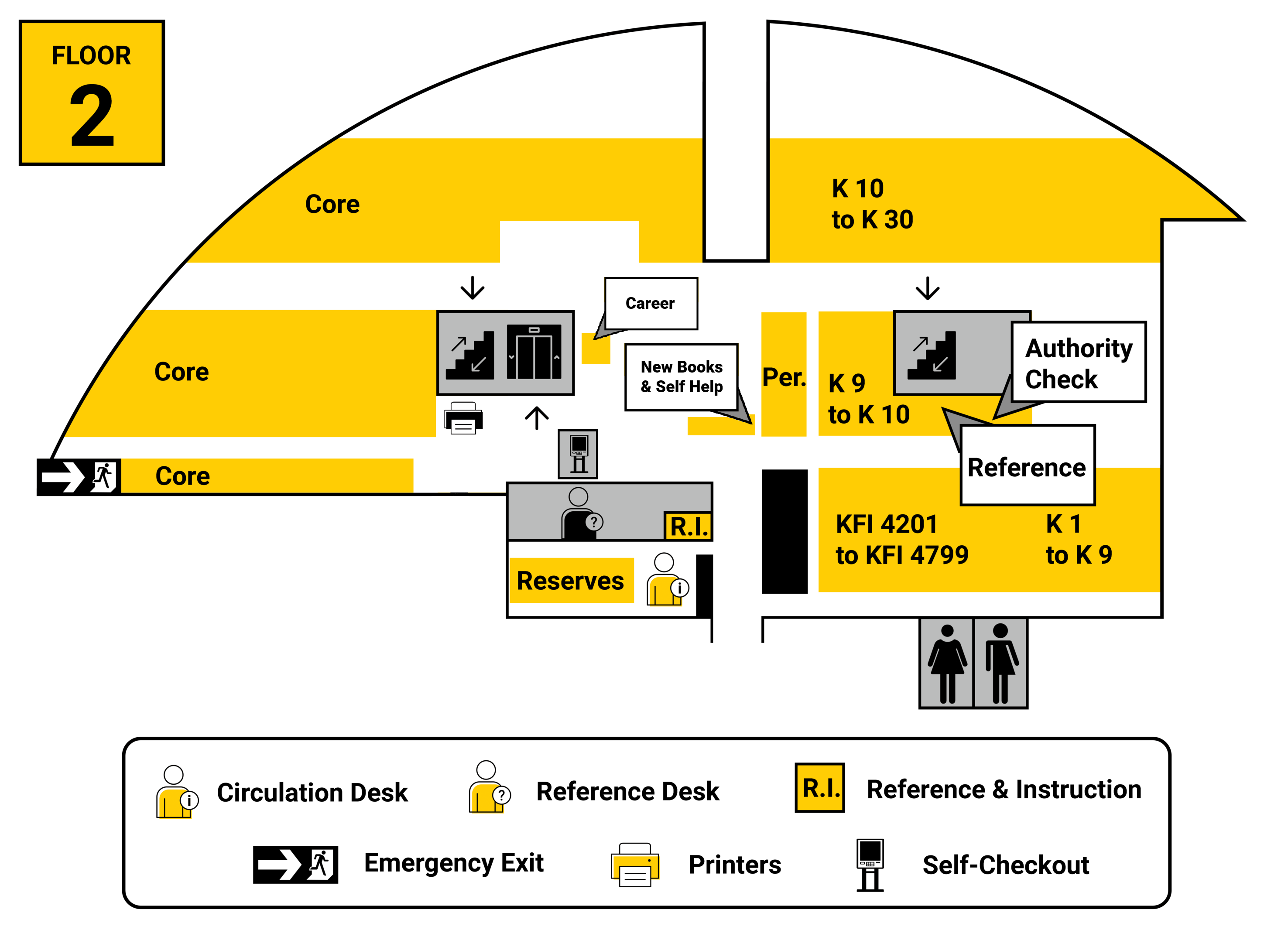 A map of the second floor of the Law Library, which hosts the Circulation Desk and Reference Office; U.S. law journals; Iowa materials; and federal and regional reporters (among other items)