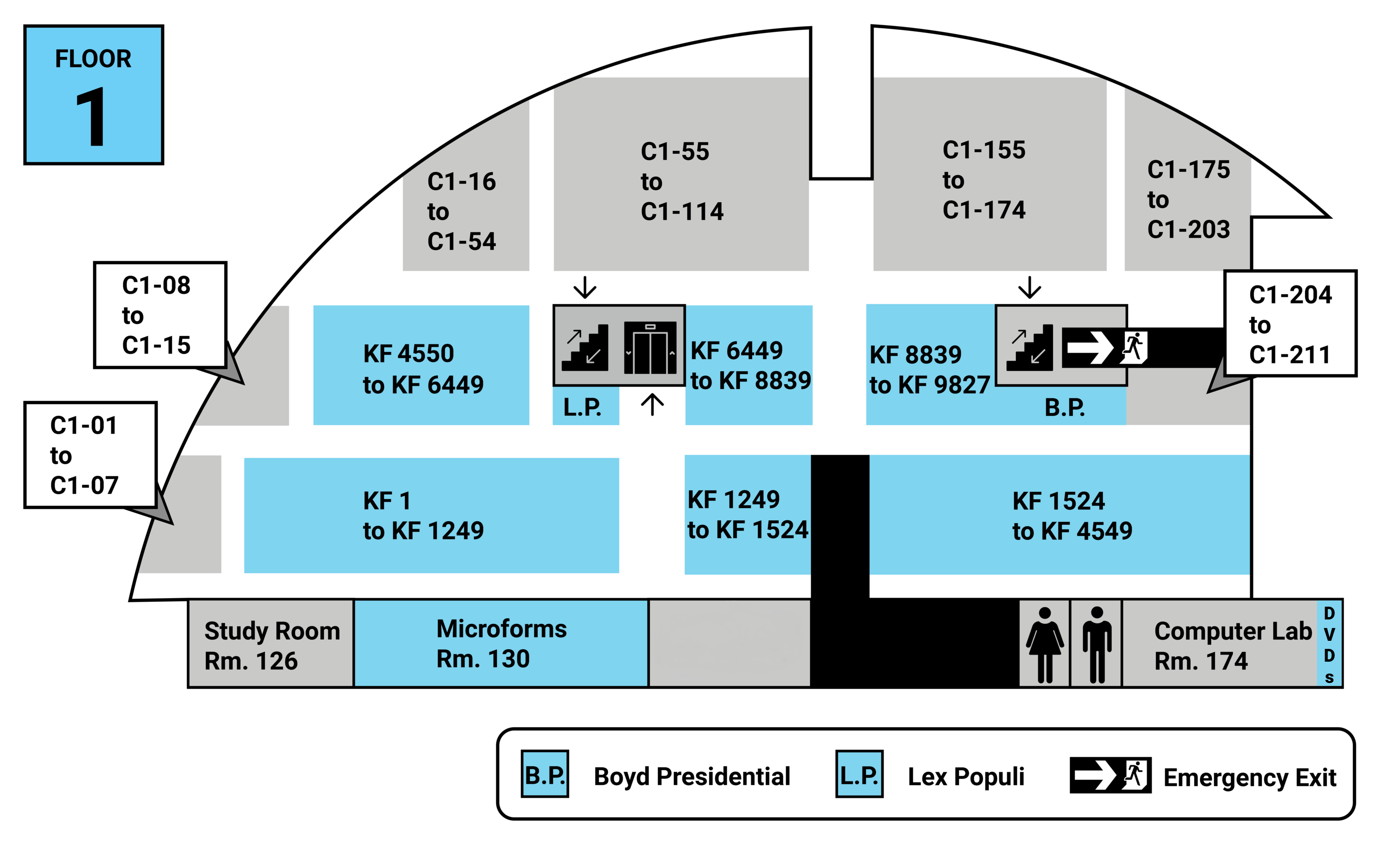 A map of the first floor of the Law Library, which hosts much of the U.S. law collection, the Lex Populi Collection, the Boyd Presidential Collection, a group study room, a computer lab, restrooms, and study carrels