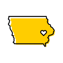 Icon of the State of Iowa with a heart in the location of Iowa City