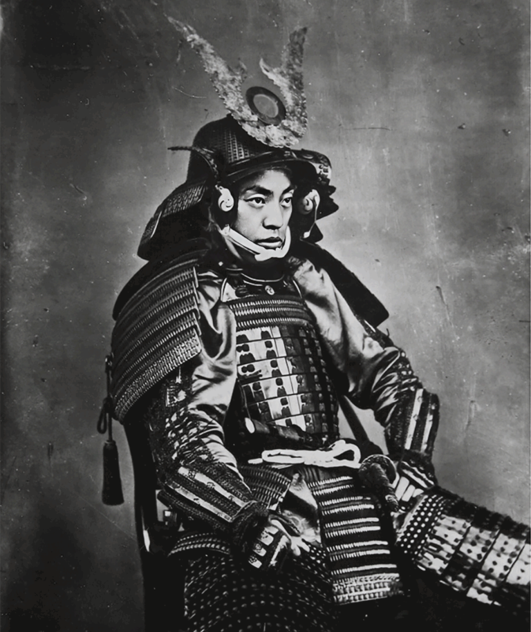 Historic photo of an unknown samurai in armor, circa 1870.