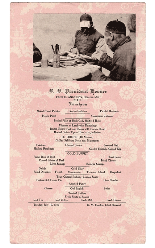 Historical menu for the steamliner ships