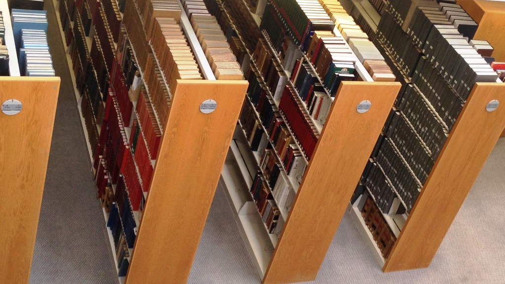 Photo of bookshelves in the Law Library