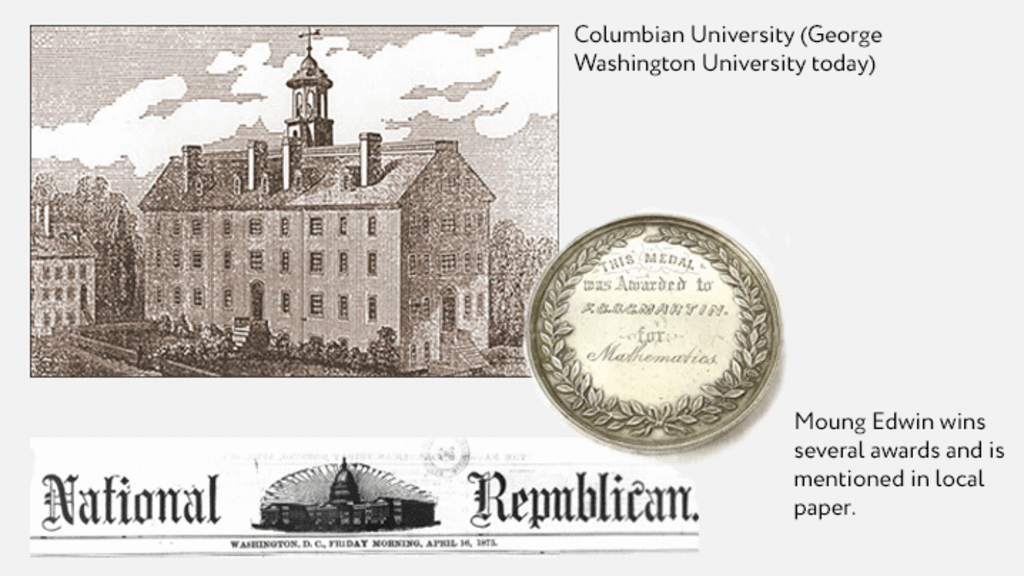 Collage including historic photo of Columnia University, a newspaper header, and a medal.