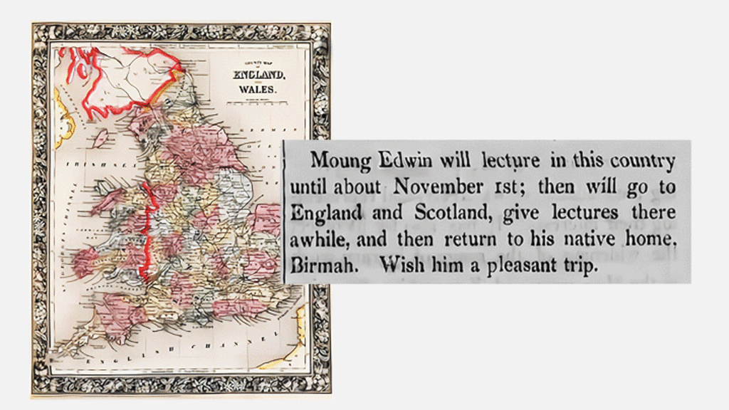 Historic map of England and a newspaper clipping announcing Moung Edwin's return home.