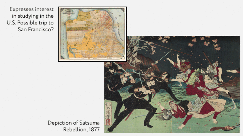 Collage of historical map and painting of Satsuma rebellion