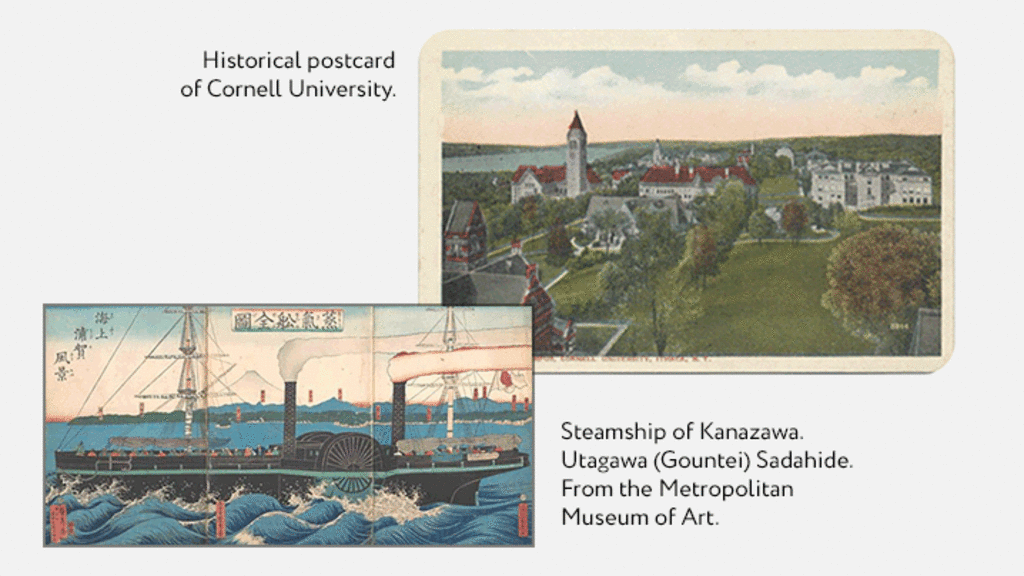Collage of a historical postcard of Cornell University and a steamboat.
