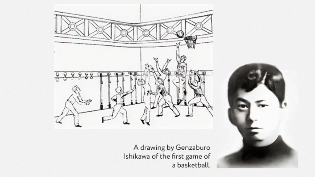 Drawing of the first basketball game and historic photo of Genzaburo Ishikawa