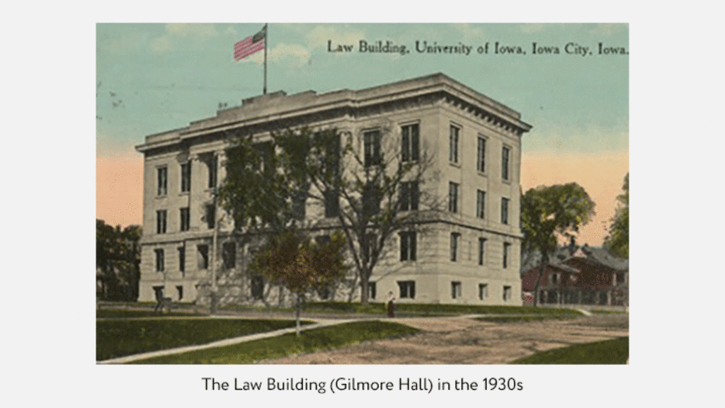 Colorized photo of the Law Building, Gilmore Hall, in the 1930s.