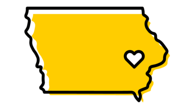 Icon of the State of Iowa with a heart in the location of Iowa City